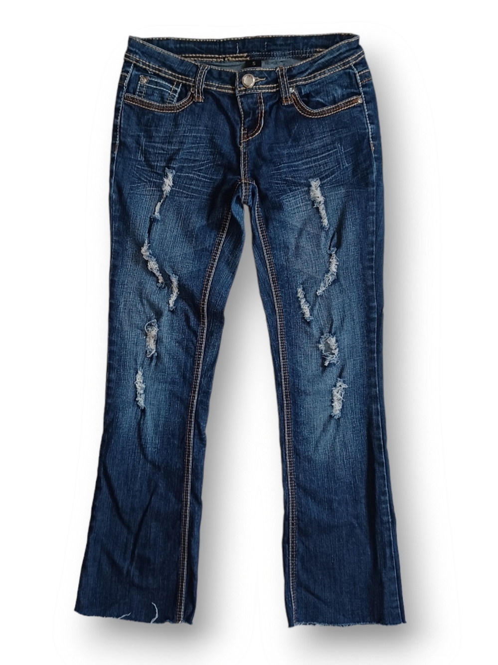 Soundgirl Jeans Bootcut Crop Raw Hem Low Rise Distressed Embellished Size 5